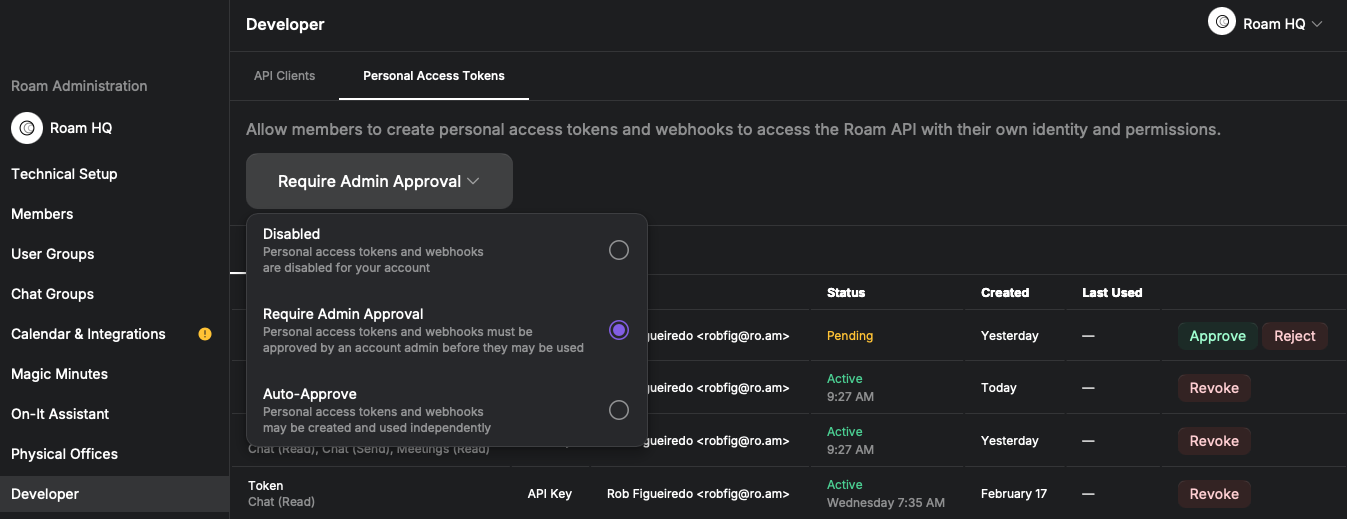 Administration > Developer showing approval policy options and token list with Approve/Reject/Revoke actions