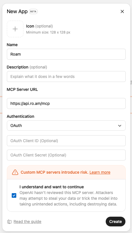 ChatGPT New App dialog with Roam name and MCP server URL configured