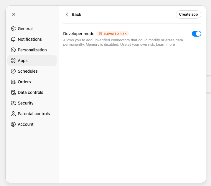 ChatGPT Settings > Apps > Advanced Settings with Developer Mode enabled