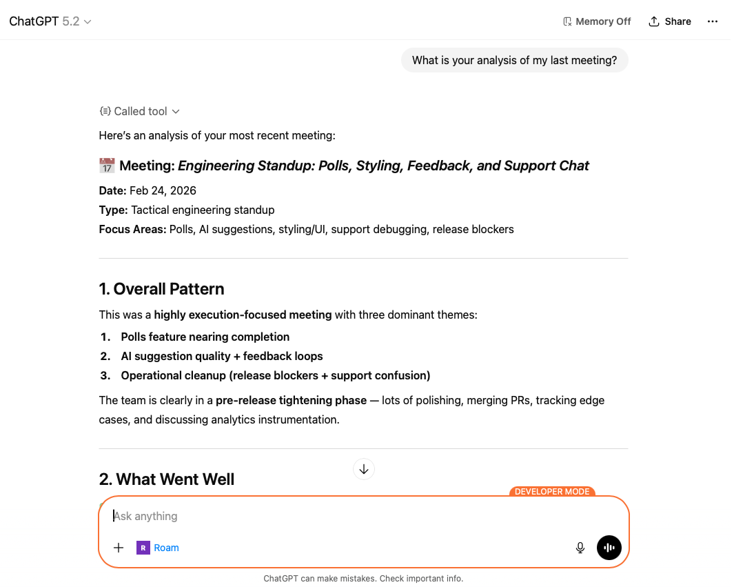 ChatGPT conversation analyzing a meeting using Roam tools