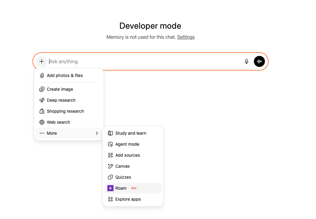 ChatGPT + menu showing Roam app under More