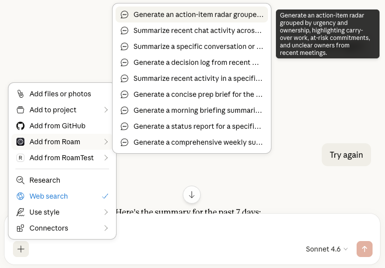 Claude + menu showing "Add from Roam" with available prompts