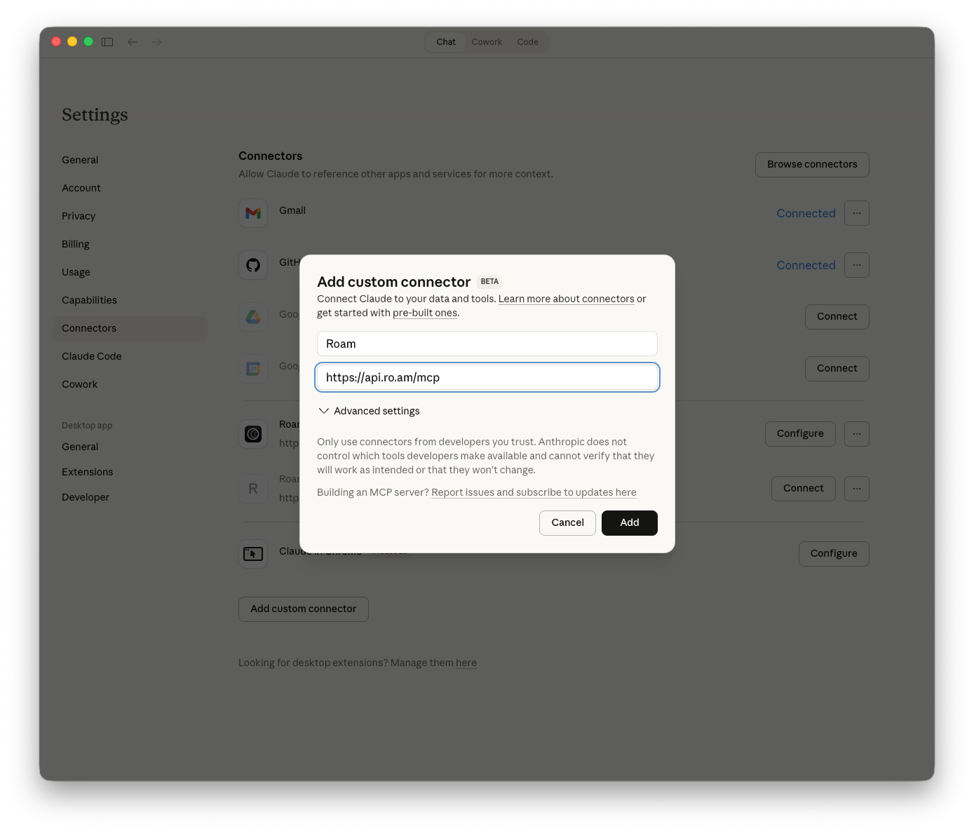 Claude Settings > Connectors showing the "Add custom connector" dialog with Roam configured