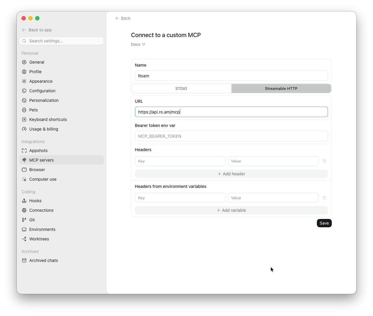 Codex "Connect to a custom MCP" form with Streamable HTTP selected and the Roam server URL entered