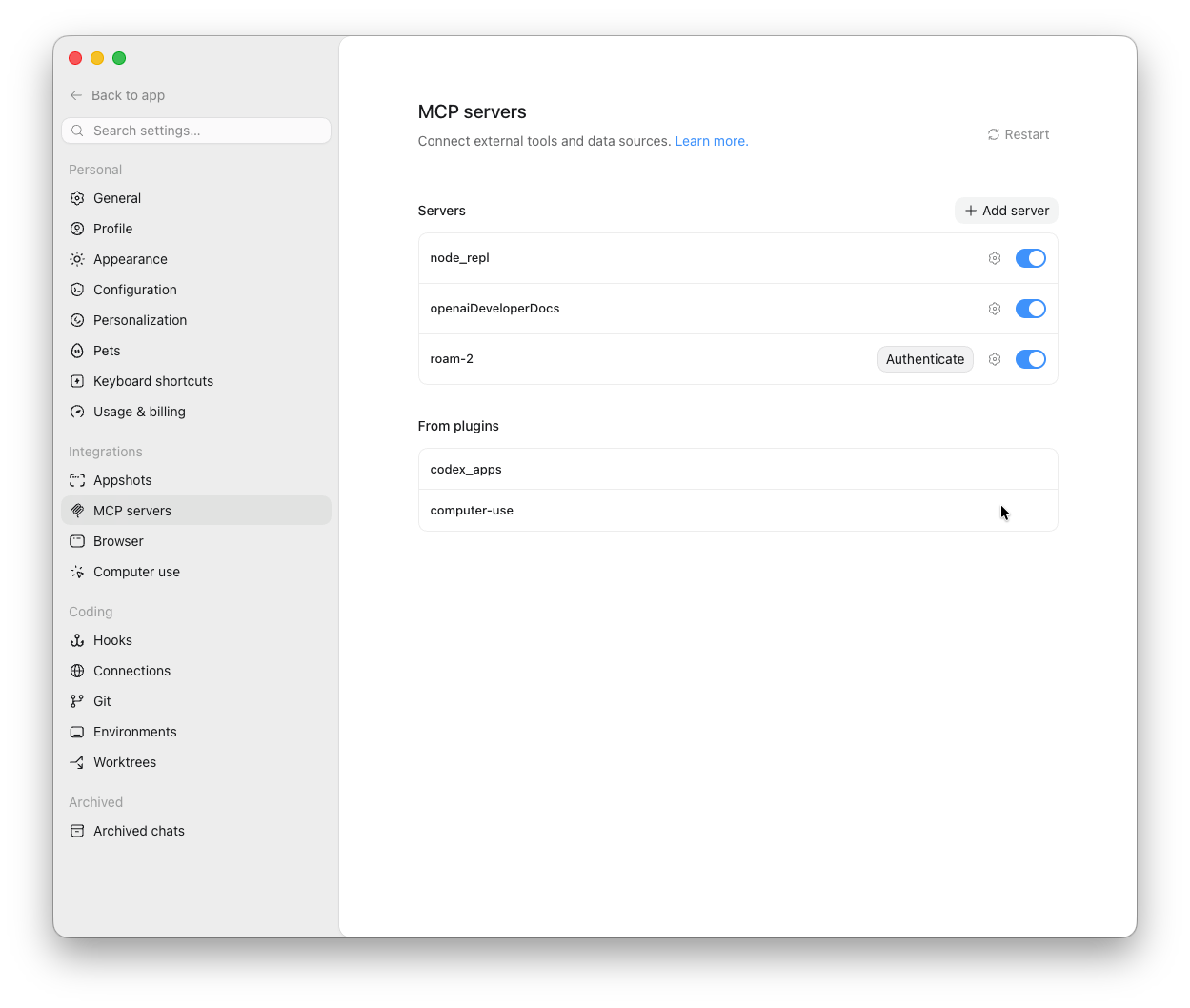 Codex MCP servers list showing the Roam server with an Authenticate button