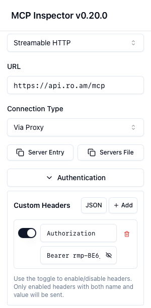 MCP Inspector configured with Roam server URL and Authorization header